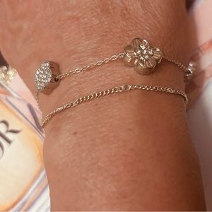 Elegant Silver Floral & Pave Bracelet Set - Silver